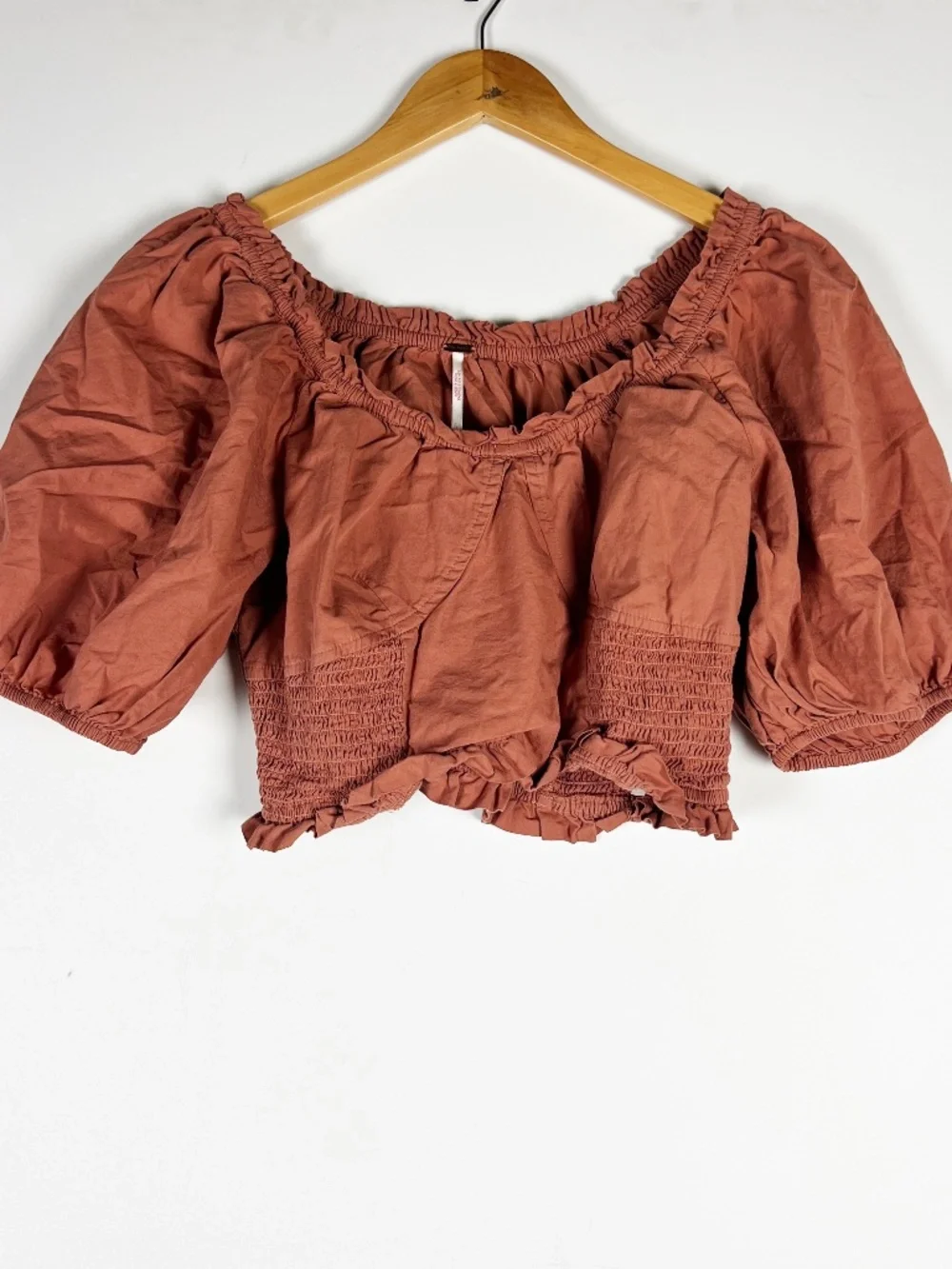 Free People Cotton Poplin Smocked Stretch Bodice Puff Sleeve Crop Top Orange LG